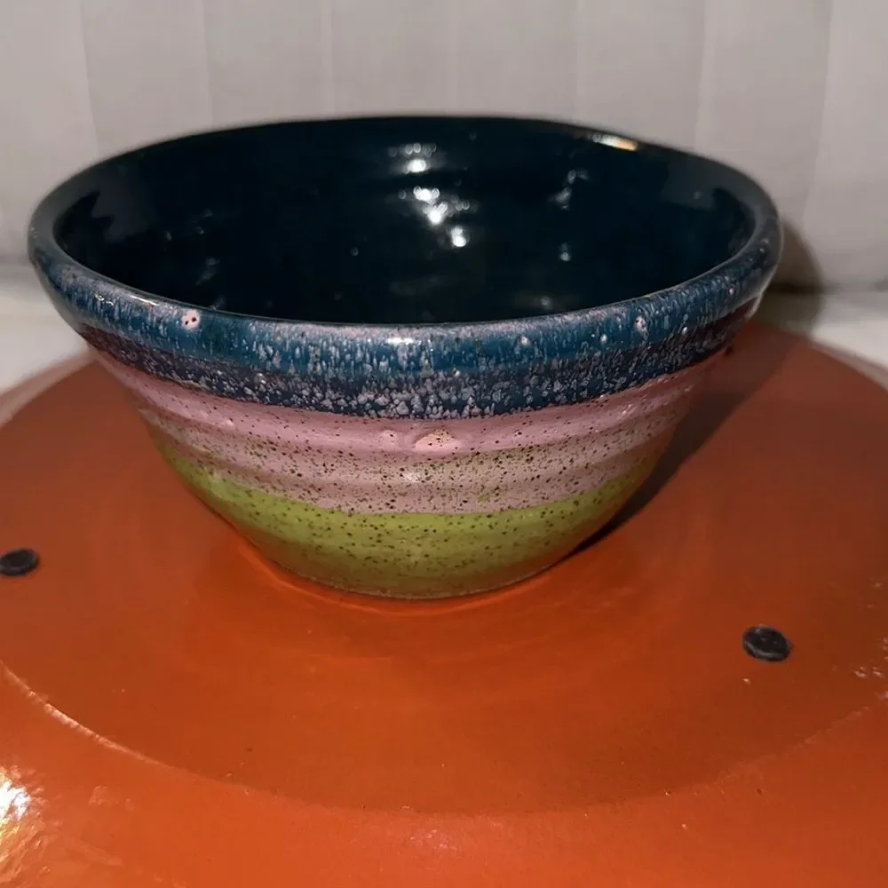 Handmade Clay Pot Pottery Teal Blue Green Lavender Tan